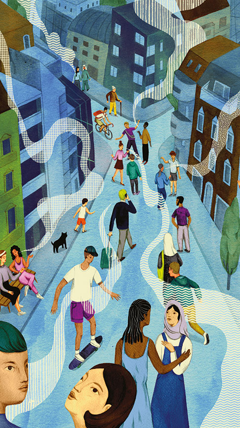 Illustration von Menschen auf einer Straße, sie unterhalten sich miteinander.
