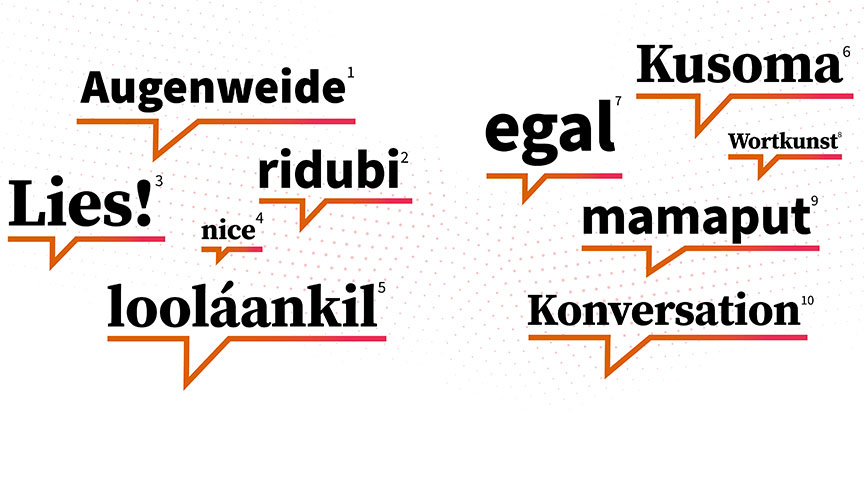 Illustration with the words 1 Augenweide, 2 ridubi, 3 Lies!, 4 nice, 5 looláankil, 6 Kusoma, 7 egal, 8 Wortkunst, 9 mamaput, 10 Konversation.
