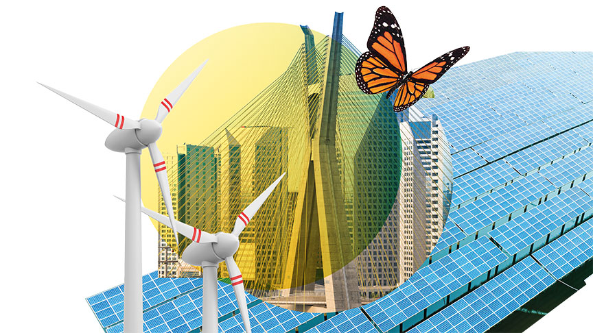 Collage of wind turbines, butterflies, solar panels, high-rise buildings
